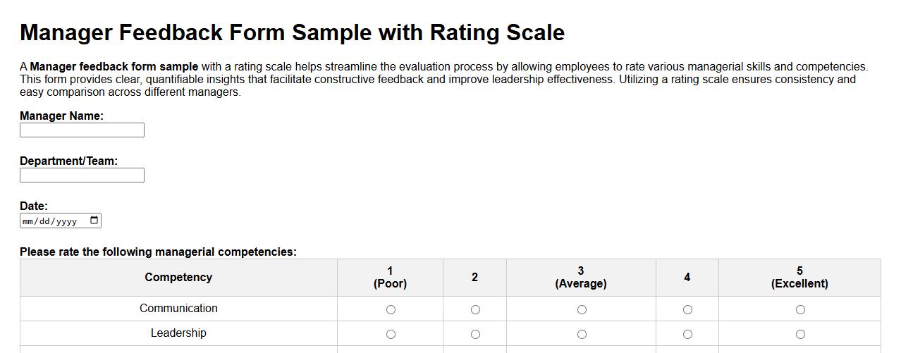 Manager feedback form sample with rating scale image preview