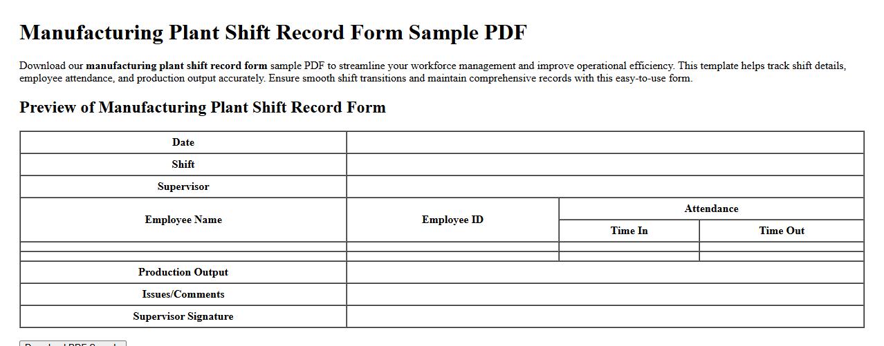 manufacturing plant shift record form sample PDF image preview