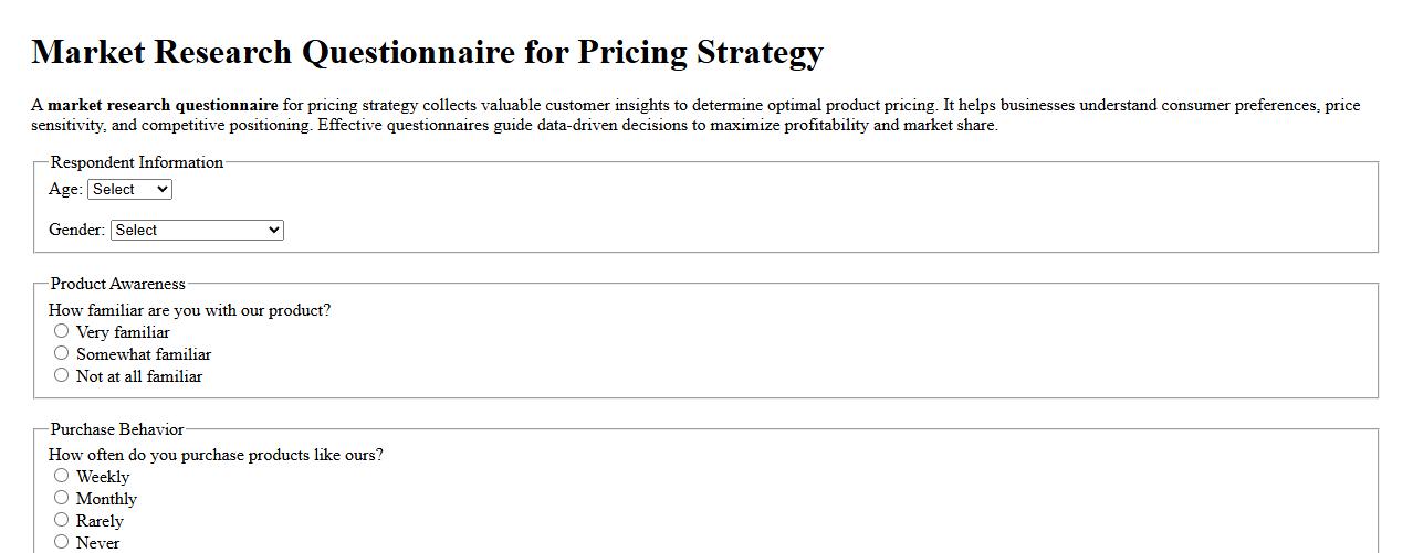 Market research questionnaire for pricing strategy image preview