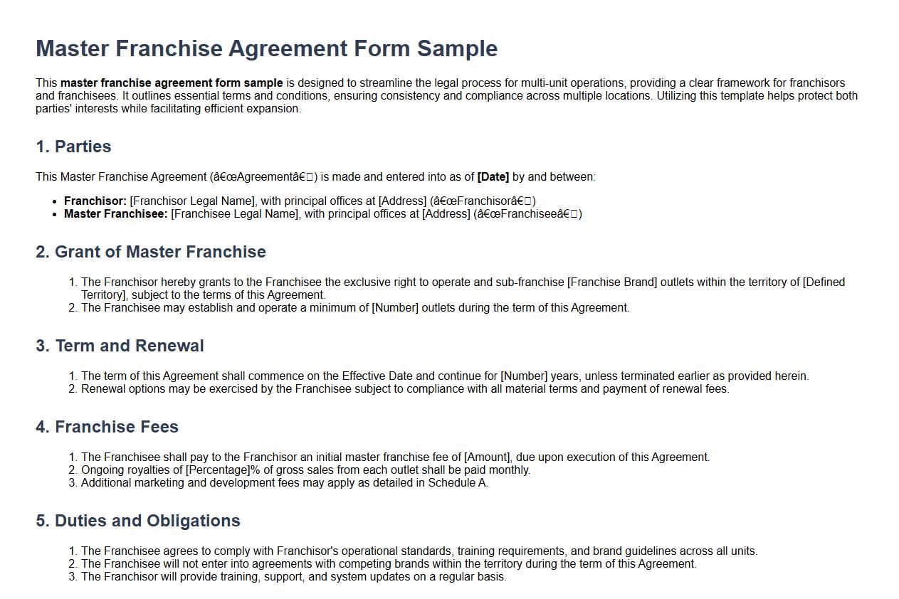 master franchise agreement form sample for multi-unit operations image preview