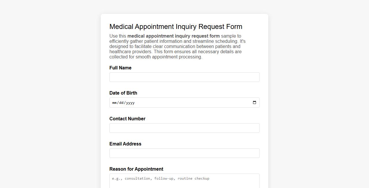 Medical appointment inquiry request form sample image preview