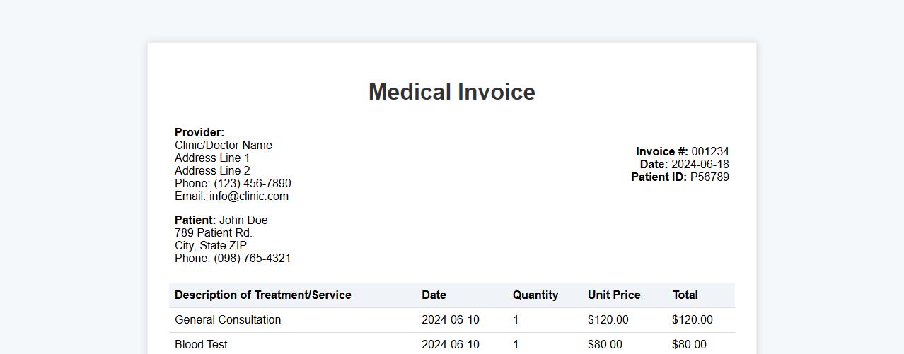 Medical invoice template with itemized treatment list image preview