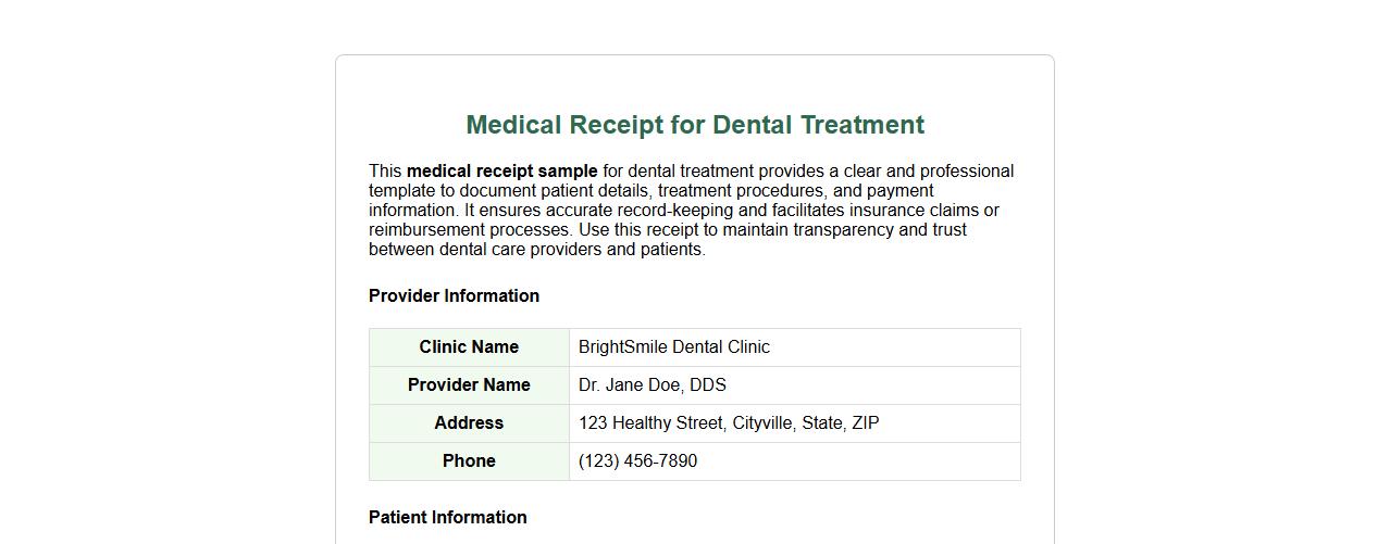 Medical receipt sample for dental treatment image preview
