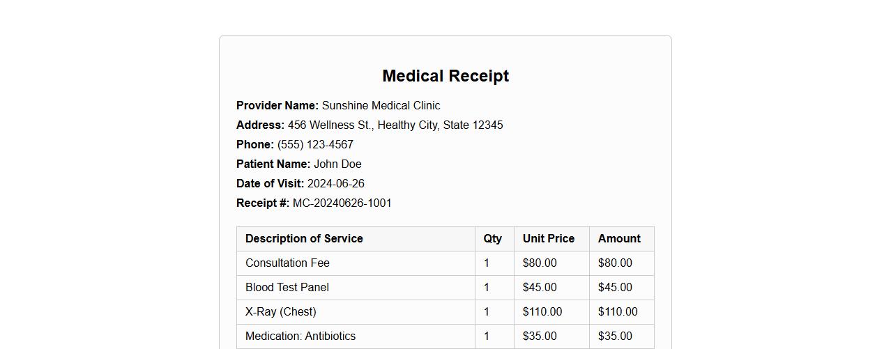 Medical receipt sample with itemized charges image preview