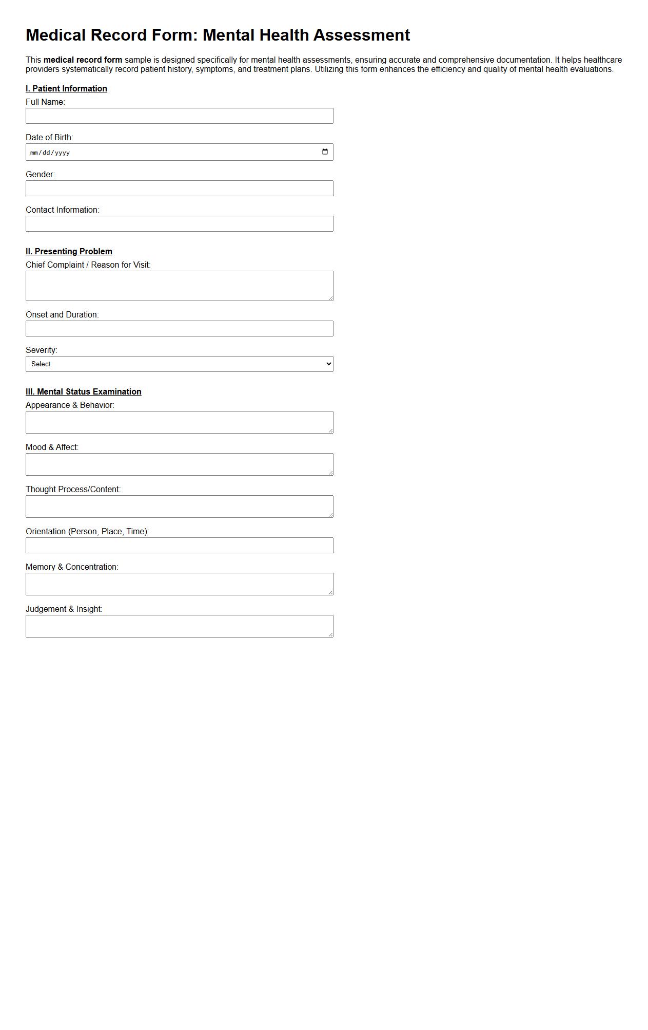 Medical record form sample for mental health assessment image preview