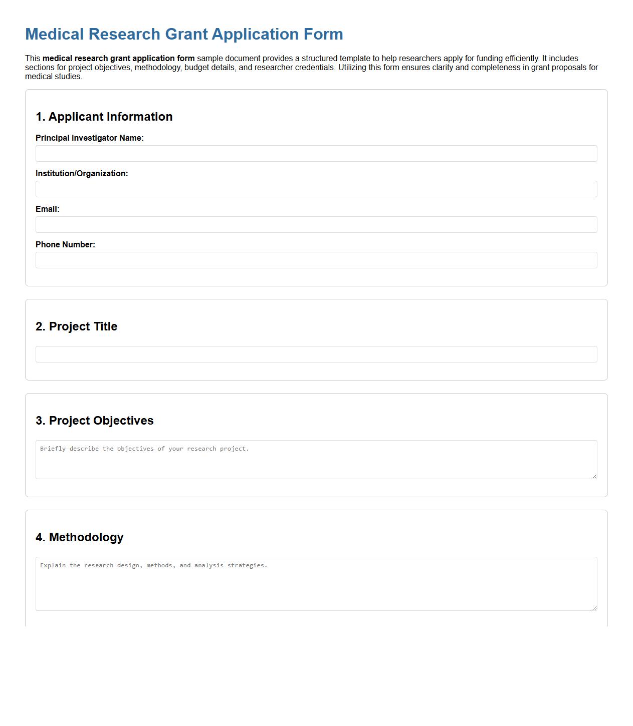 Medical research grant application form sample doc image preview