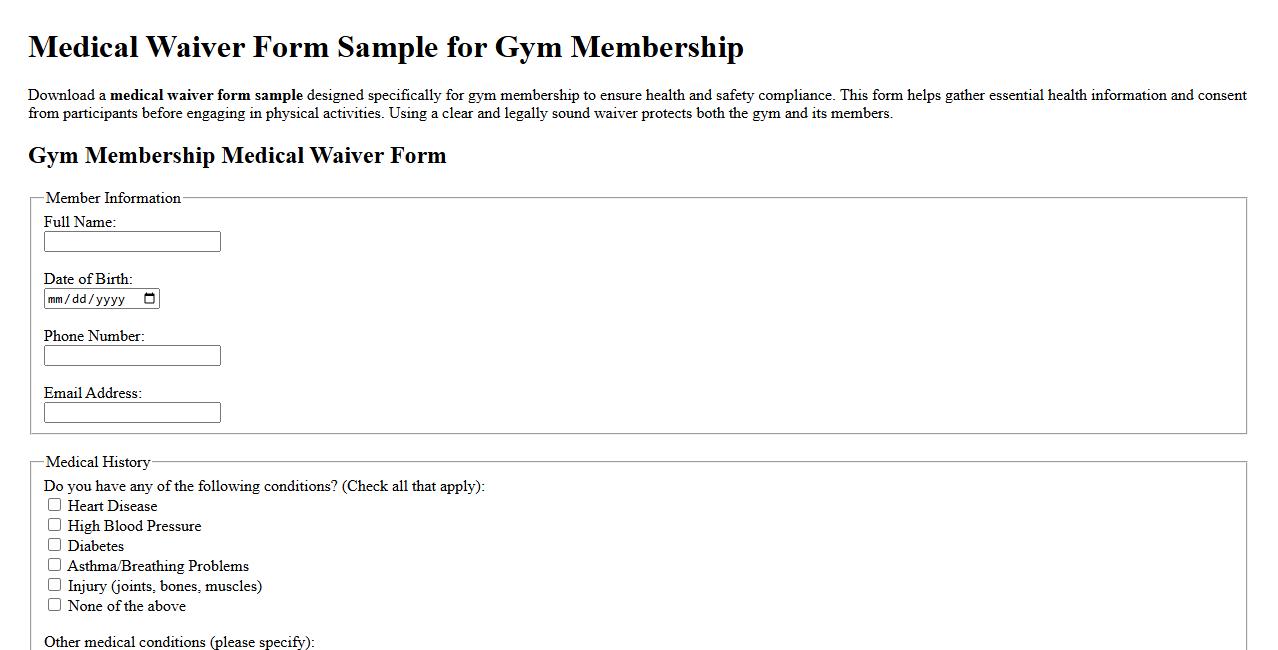 Medical waiver form sample for gym membership image preview