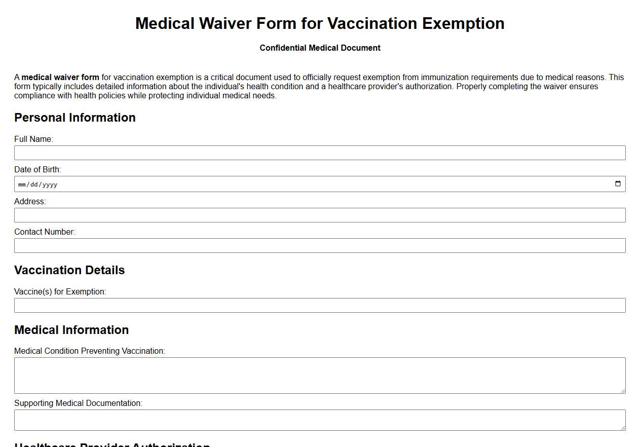 Medical waiver form sample for vaccination exemption image preview