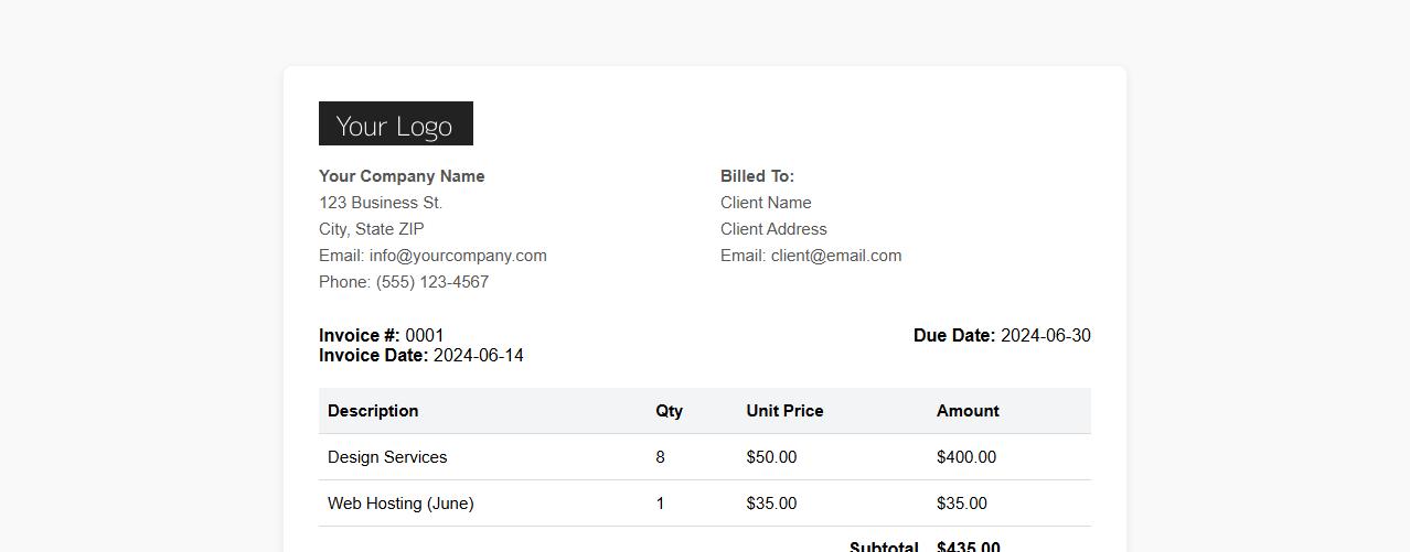 Microsoft Word simple invoice template with logo image preview