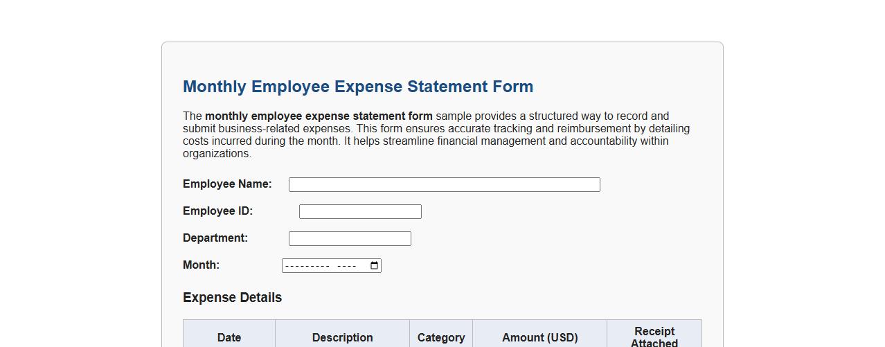 monthly employee expense statement form sample image preview