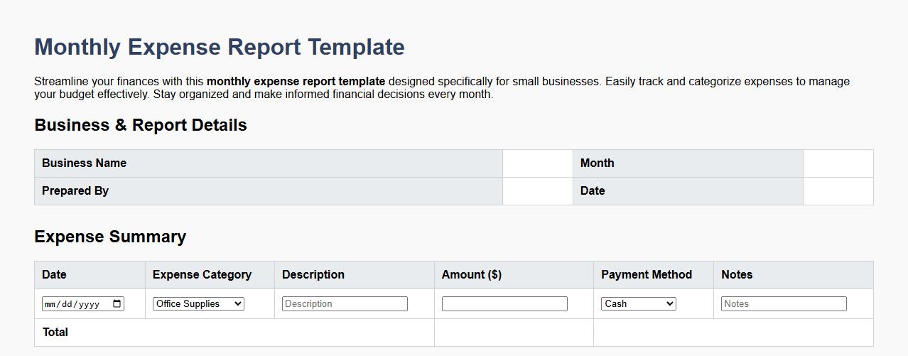 monthly expense report template for small business image preview