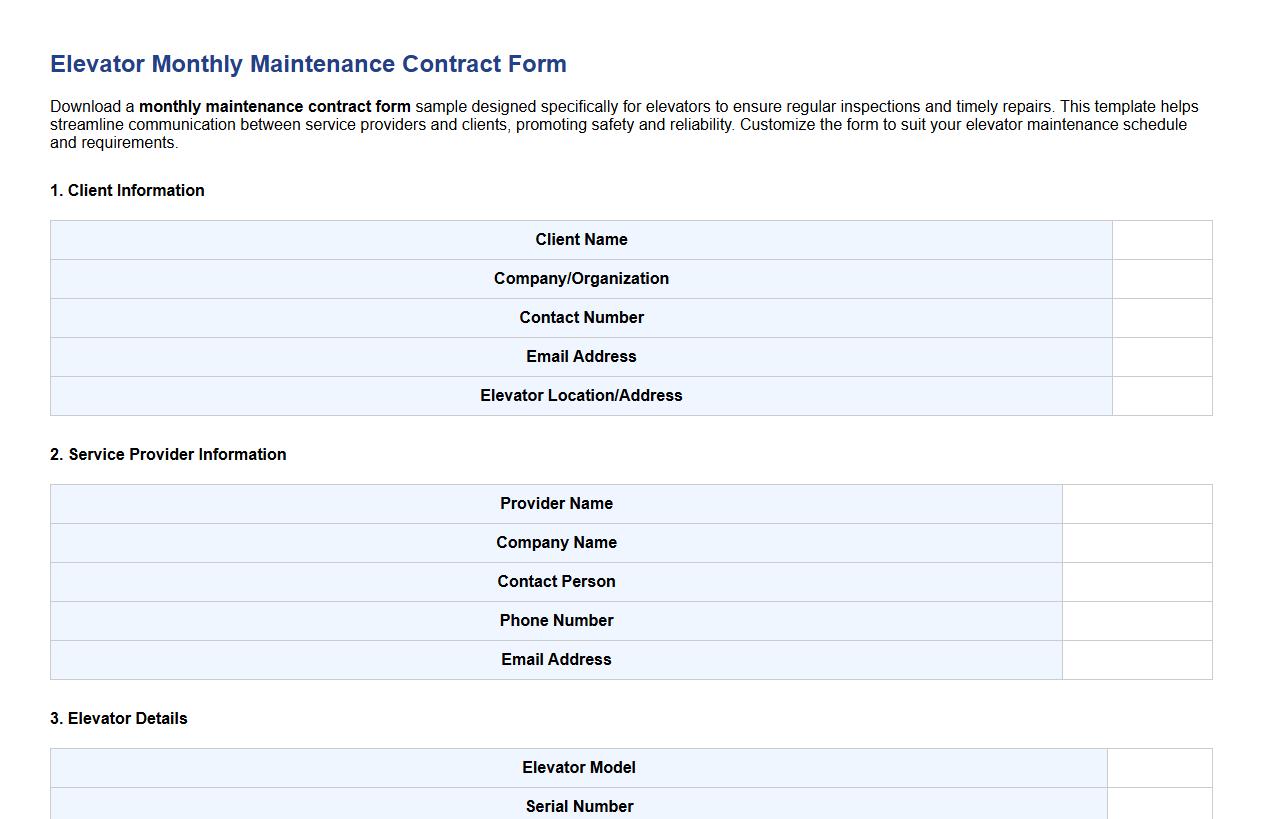 Monthly maintenance contract form sample for elevators image preview