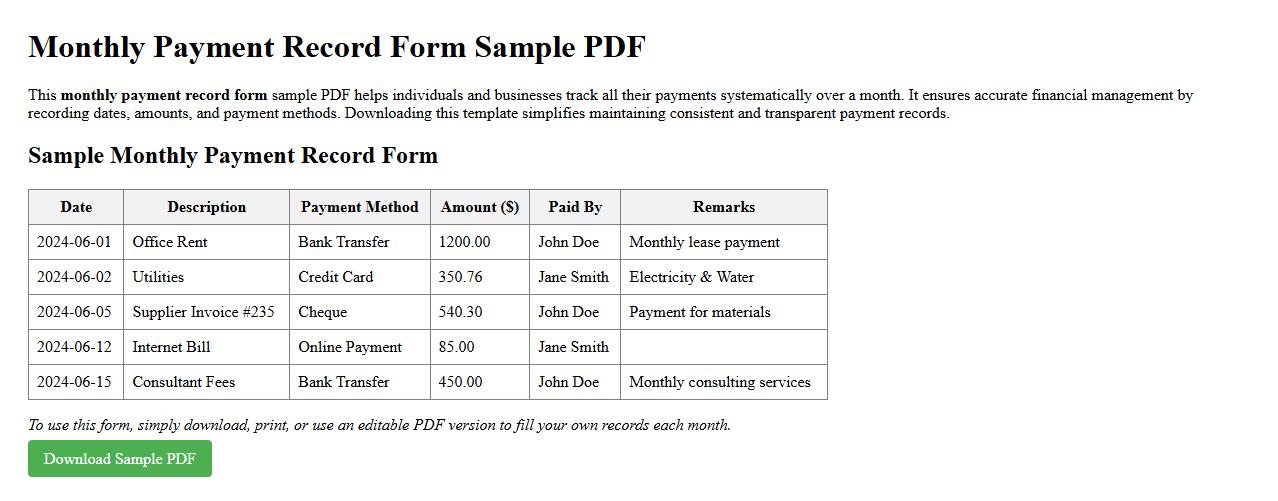 Monthly payment record form sample PDF image preview