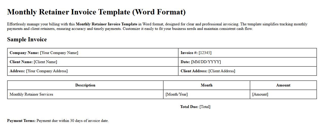 Monthly retainer invoice template Word format image preview