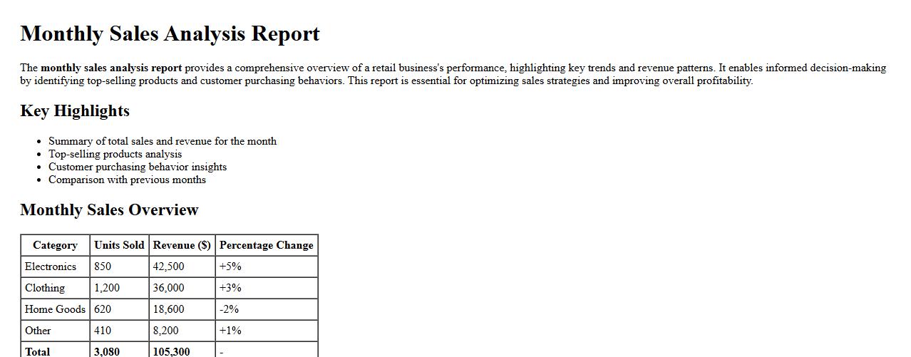 Monthly sales analysis report for retail business image preview