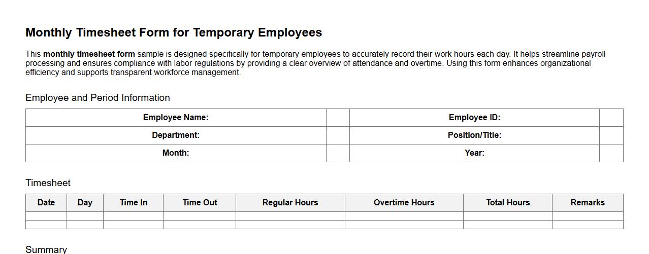 monthly timesheet form sample for temporary employees image preview