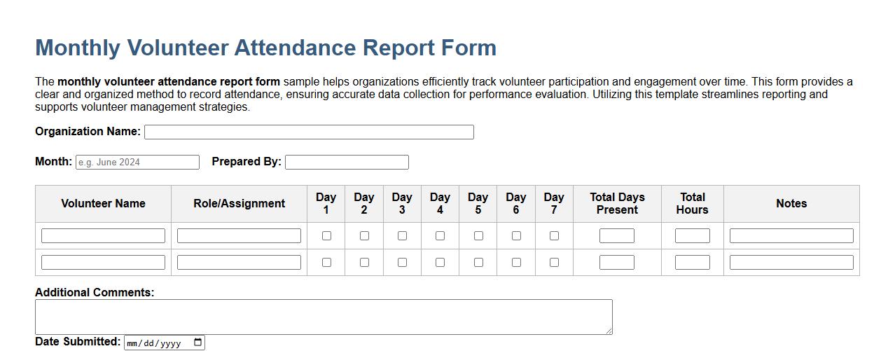 monthly volunteer attendance report form sample image preview