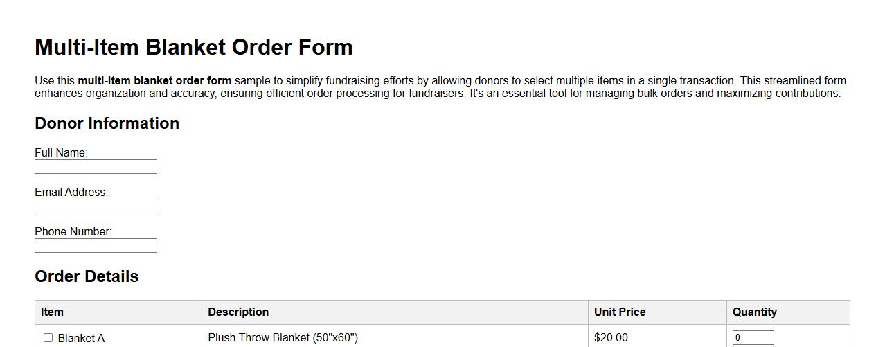multi-item blanket order form sample for fundraisers image preview