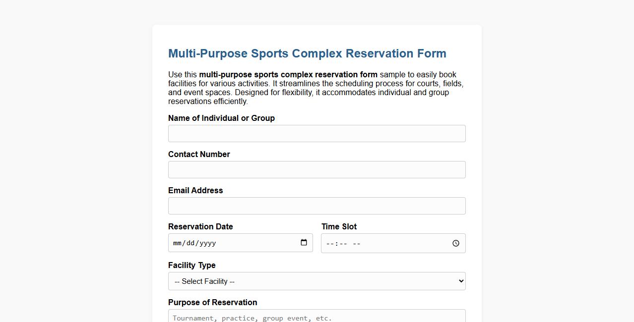 multi-purpose sports complex reservation form sample image preview