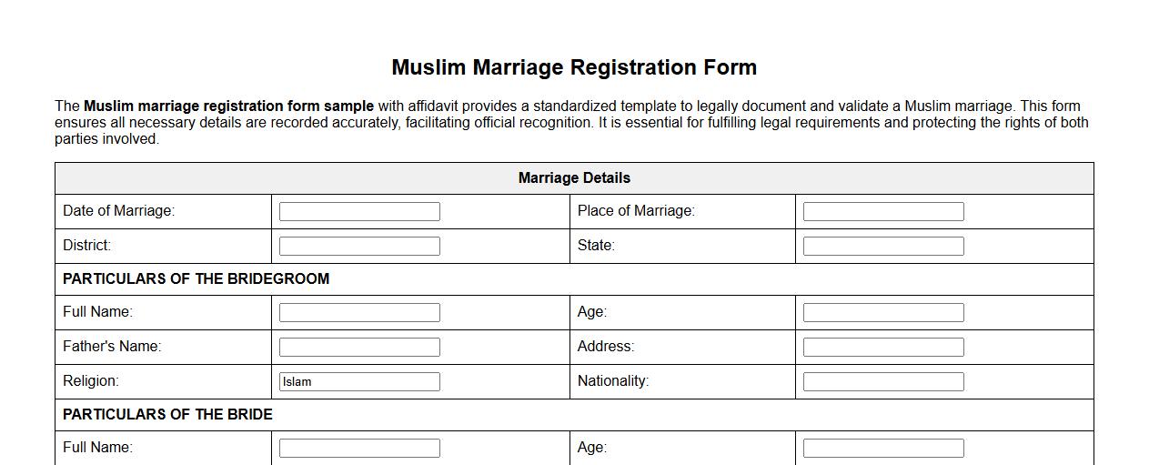 Muslim marriage registration form sample with affidavit image preview