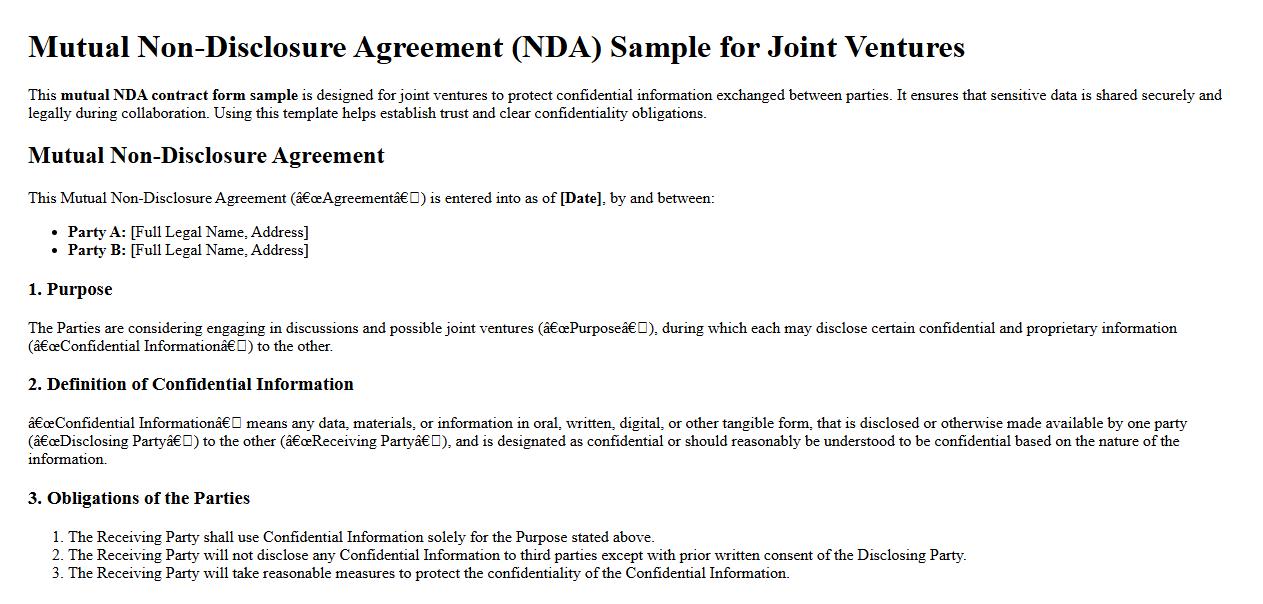 mutual NDA contract form sample for joint ventures image preview