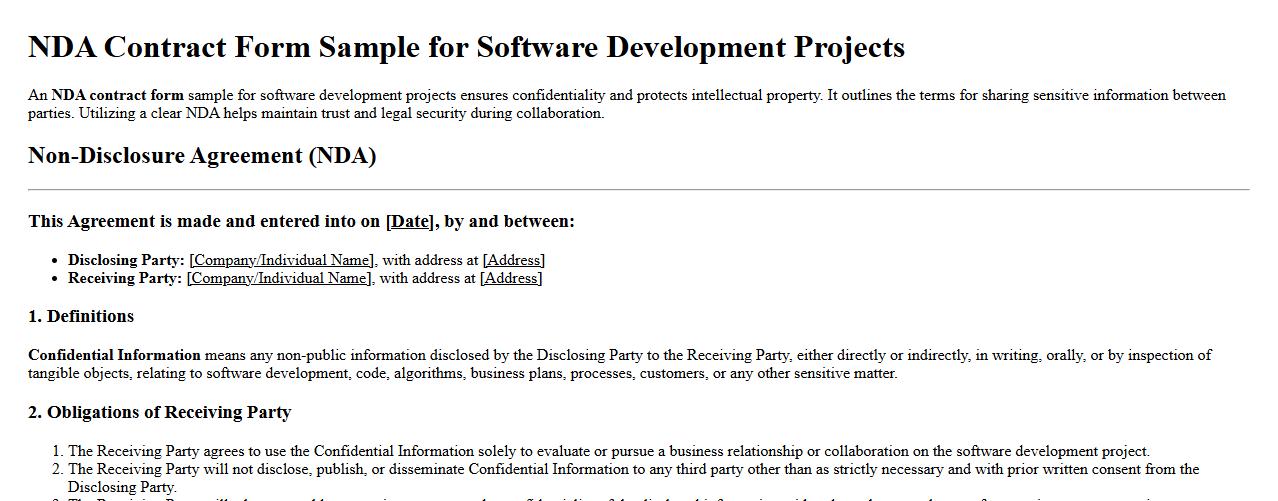 NDA contract form sample for software development projects image preview