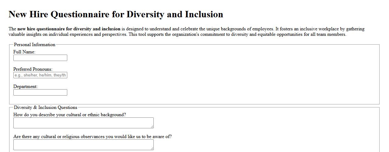 New hire questionnaire for diversity and inclusion image preview