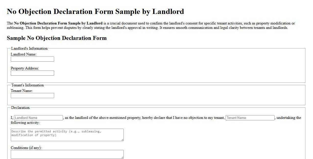 No Objection Declaration Form Sample by Landlord image preview