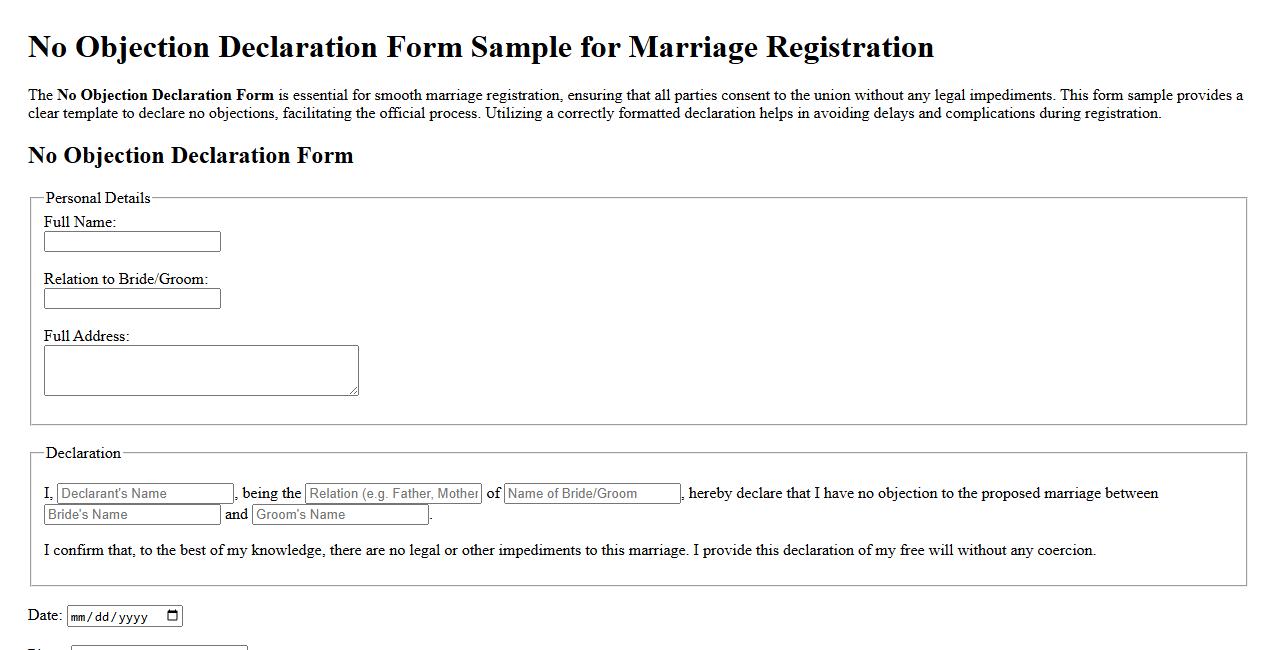 No Objection Declaration Form Sample for Marriage Registration image preview