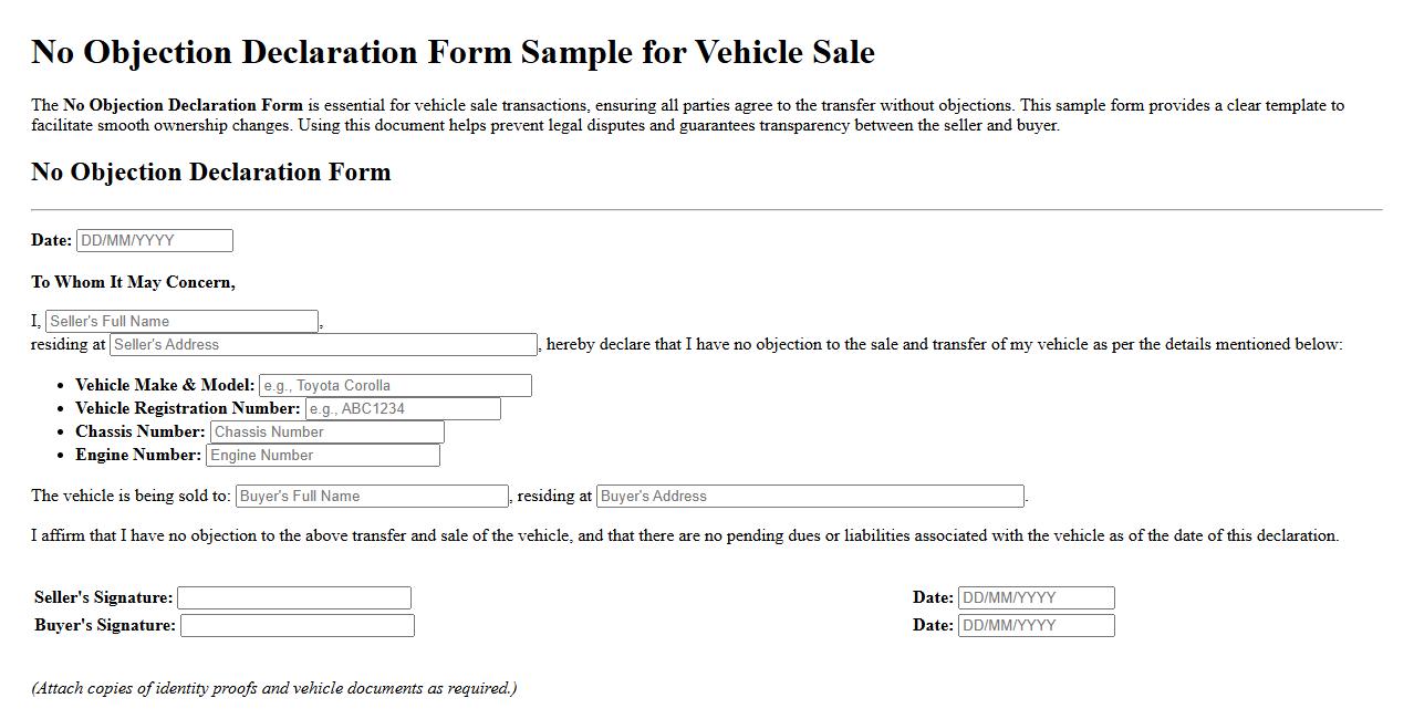 No Objection Declaration Form Sample for Vehicle Sale image preview