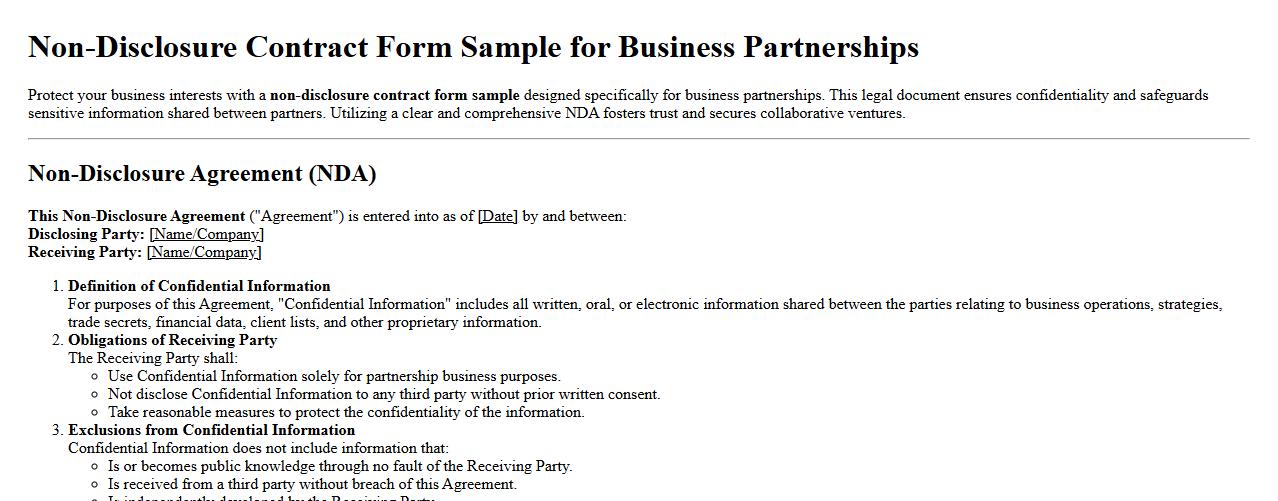 Non-disclosure contract form sample for business partnerships image preview