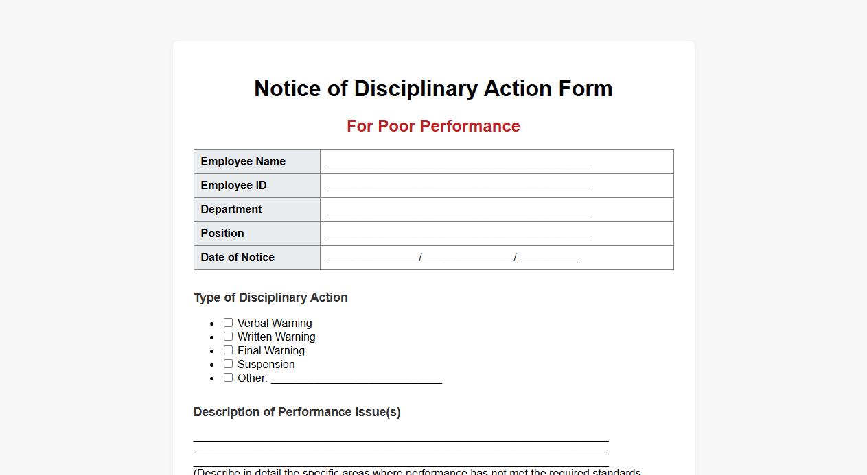 Notice of Disciplinary Action Form sample for poor performance image preview