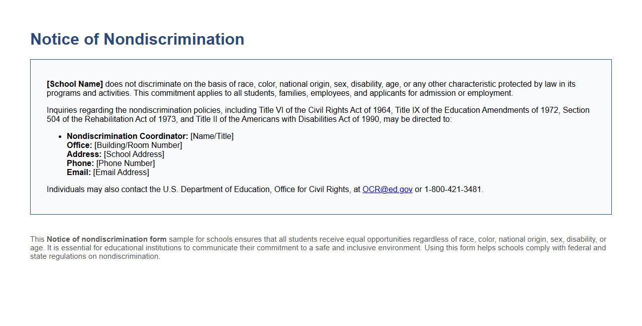 Notice of nondiscrimination form sample for schools image preview