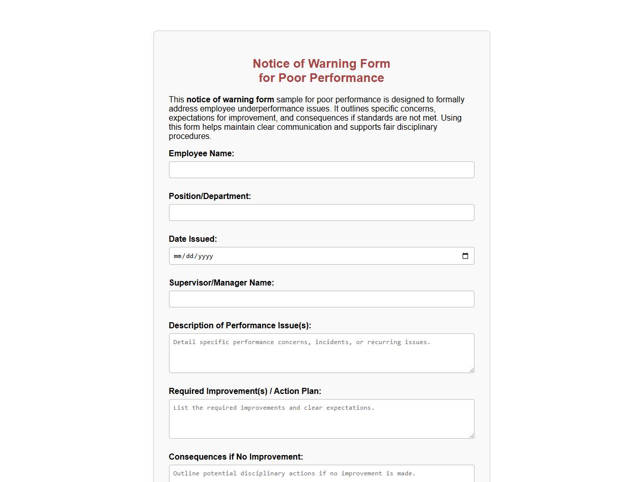 notice of warning form sample for poor performance image preview