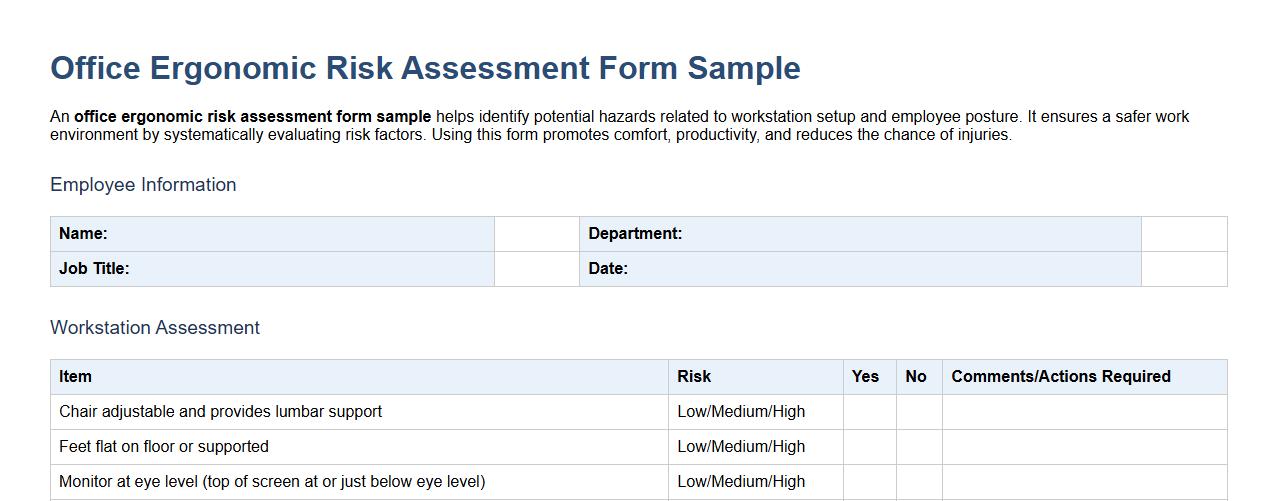 Office ergonomic risk assessment form sample image preview