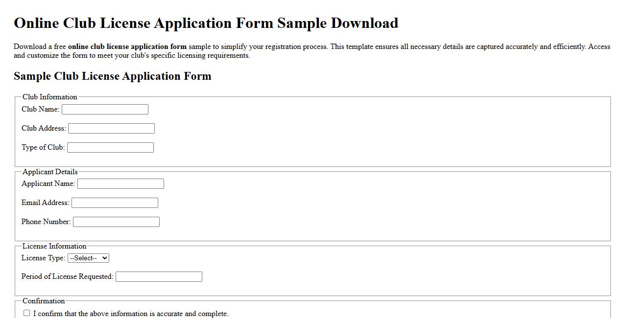 online club license application form sample download image preview