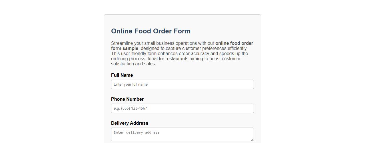 Online food order form sample for small business image preview
