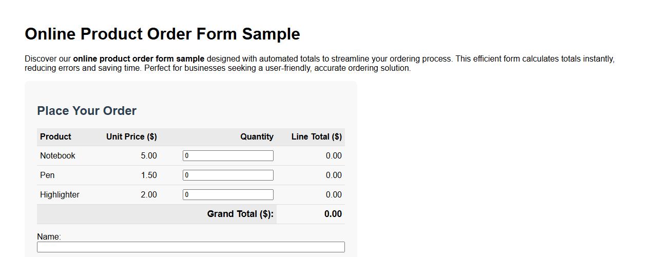 Online product order form sample with automated totals image preview