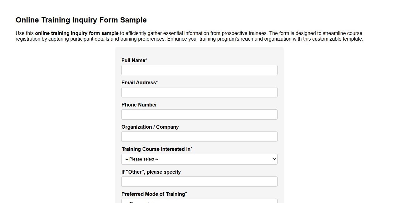 online training inquiry form sample image preview