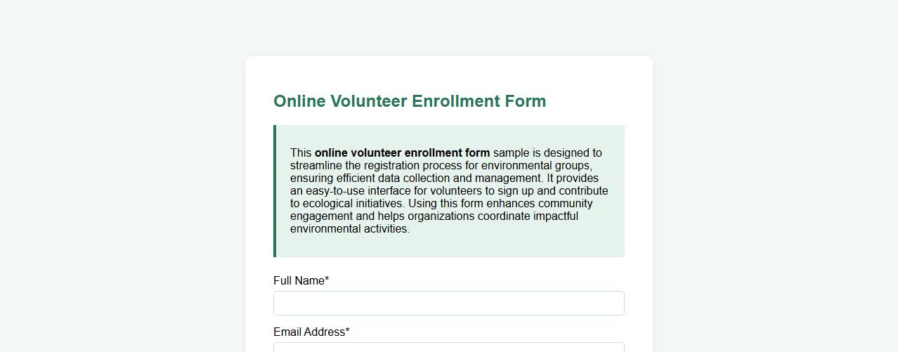 Online volunteer enrollment form sample for environmental groups image preview