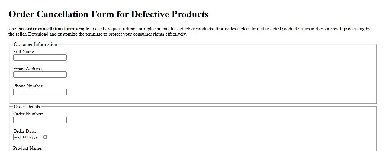 Order cancellation form sample for defective products image preview