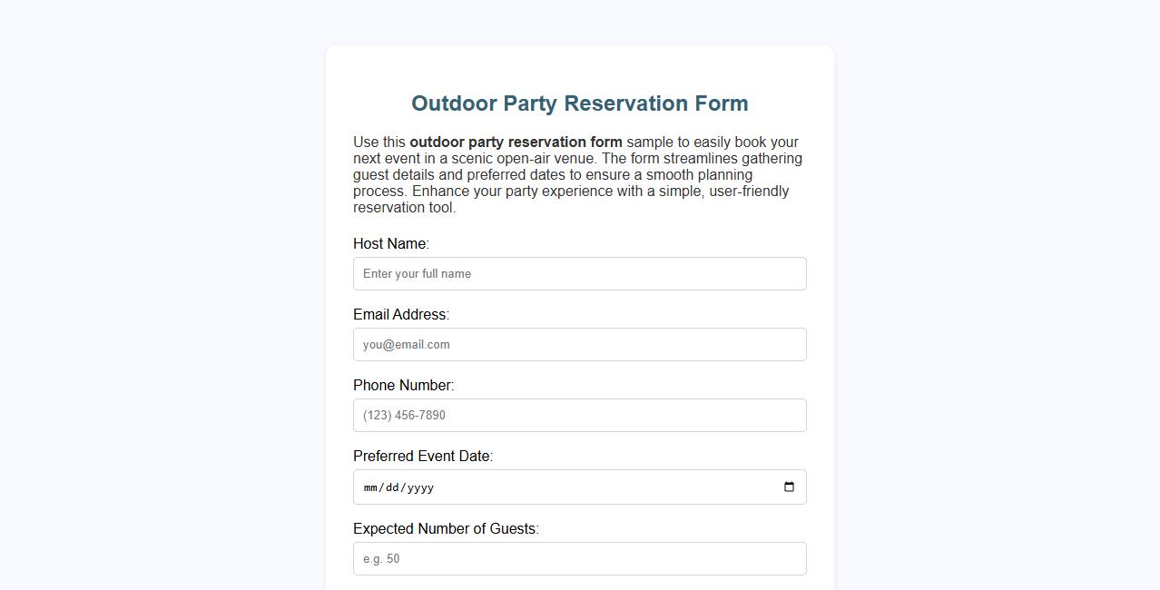 Outdoor party reservation form sample image preview