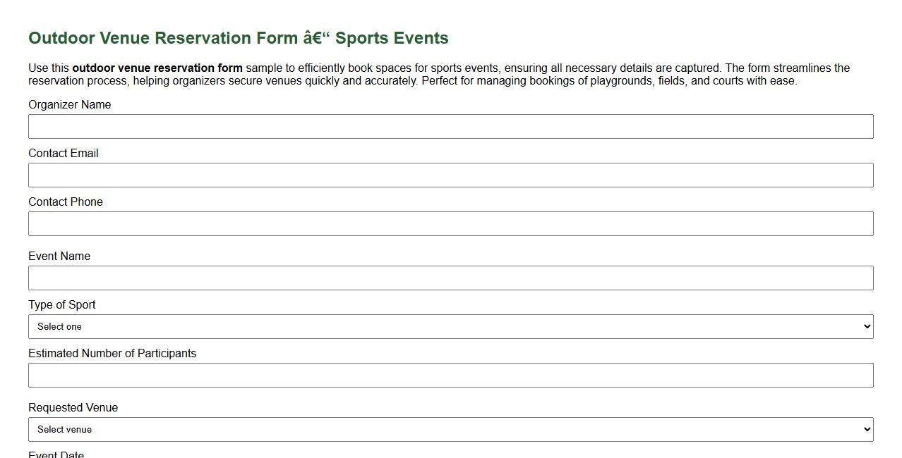 Outdoor venue reservation form sample for sports events image preview