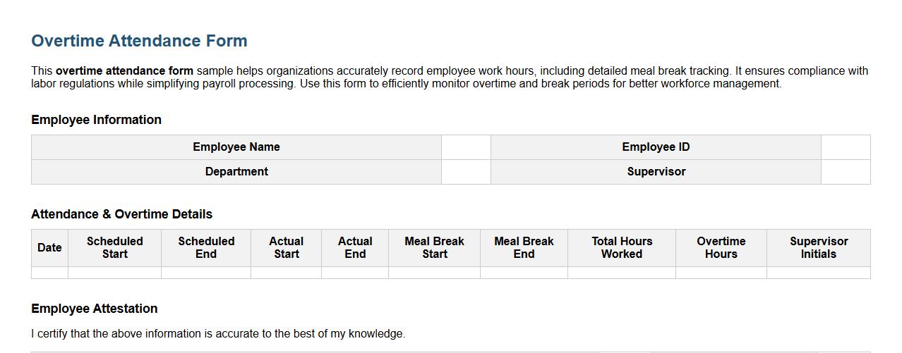 Overtime attendance form sample including meal break tracking image preview