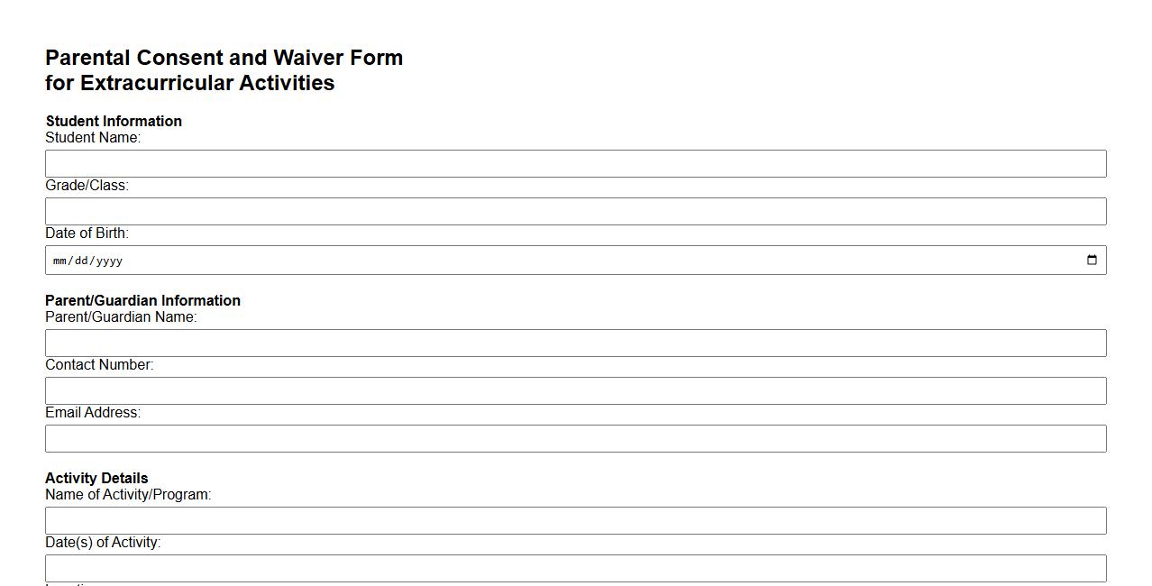 parental consent waiver form sample for extracurricular activities image preview