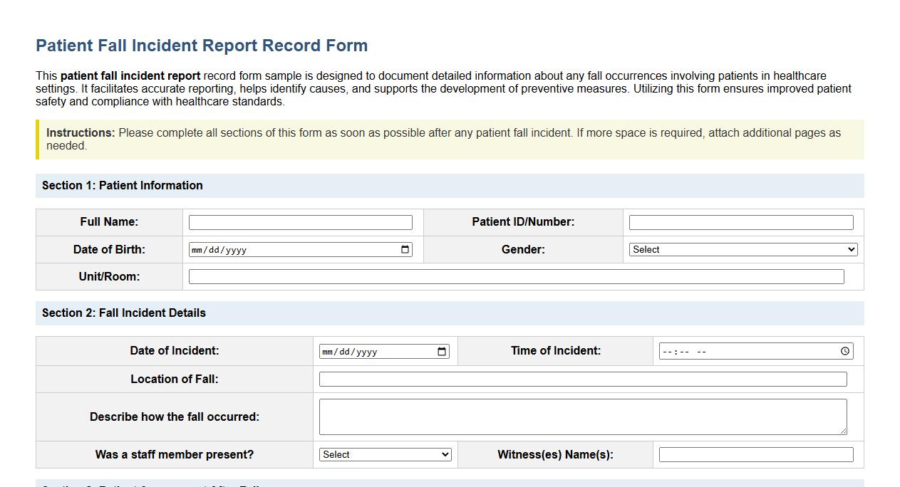patient fall incident report record form sample image preview