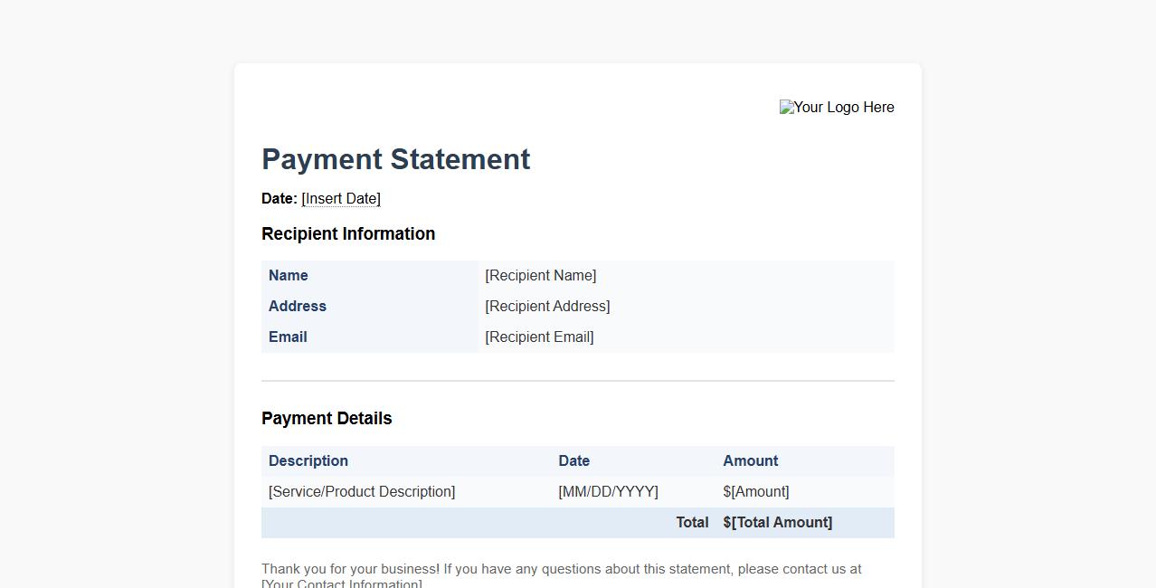 Payment statement template with customizable logo image preview