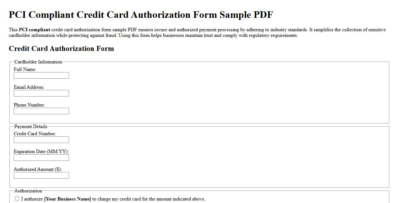 PCI compliant credit card authorization form sample PDF image preview