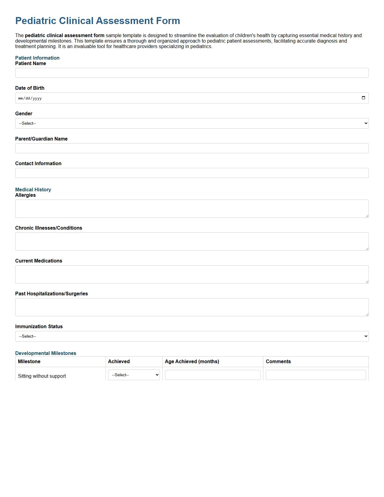 Pediatric clinical assessment form sample template image preview