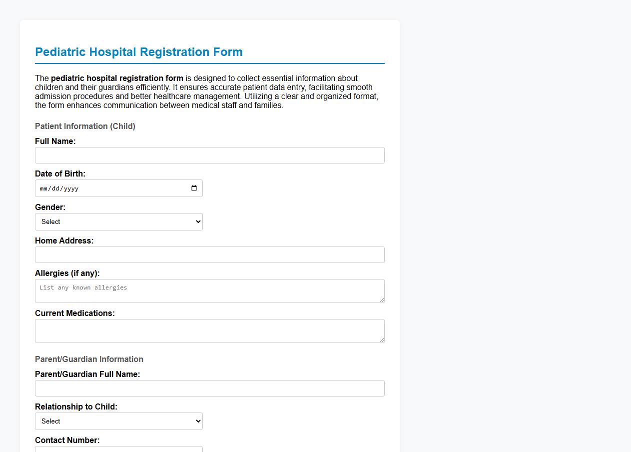 Pediatric hospital registration form sample for children image preview